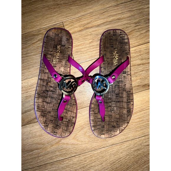 Michael Kors Flip Flops Cork Sole With Pink PVC Strap/MK medallion Size 7 US - Picture 2 of 3